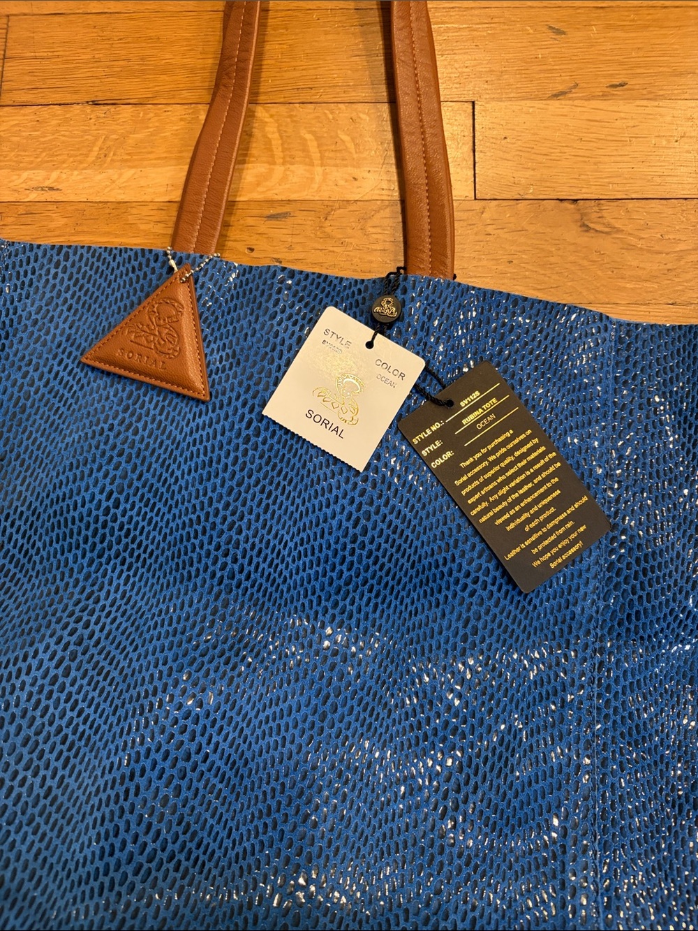 Sorial Rubina Blue Tote Bag with Brown Leather Handles - Picture 2 of 13